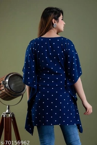 Stylish Rayon Printed Navy Blue women Kaftan Top - Blue, XXL 