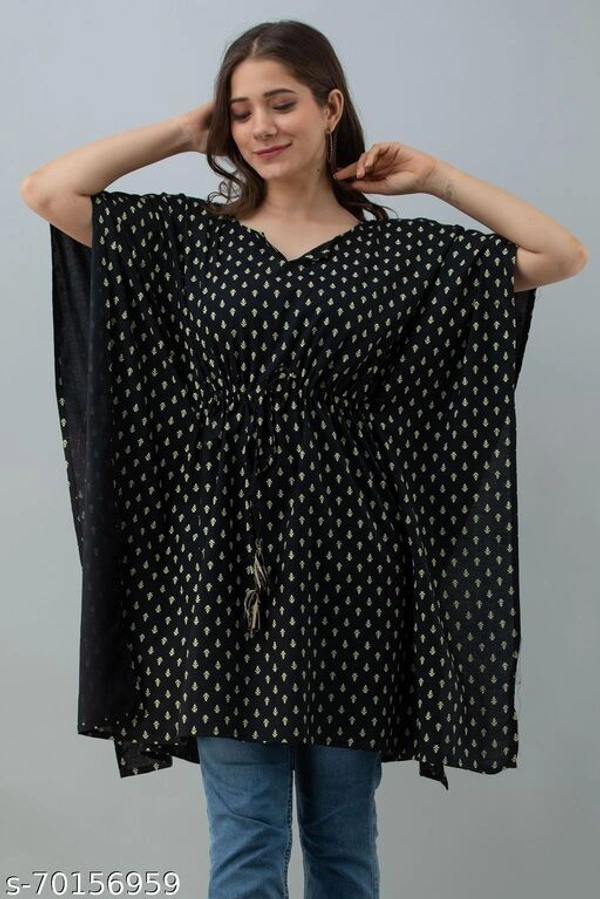 Stylish Rayon Printed Navy Blue women Kaftan Top - black , XXL 