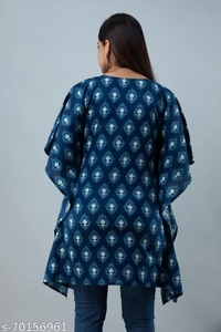 Stylish Rayon Printed Navy Blue women Kaftan Top - Sky Blue , S