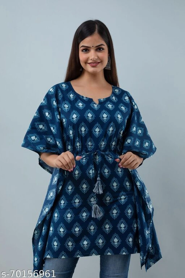 Stylish Rayon Printed Navy Blue women Kaftan Top - Sky Blue , S