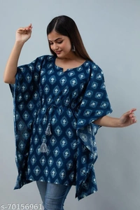 Stylish Rayon Printed Navy Blue women Kaftan Top - Sky Blue, L 