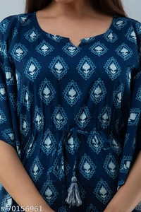 Stylish Rayon Printed Navy Blue women Kaftan Top - Sky Blue, XL 