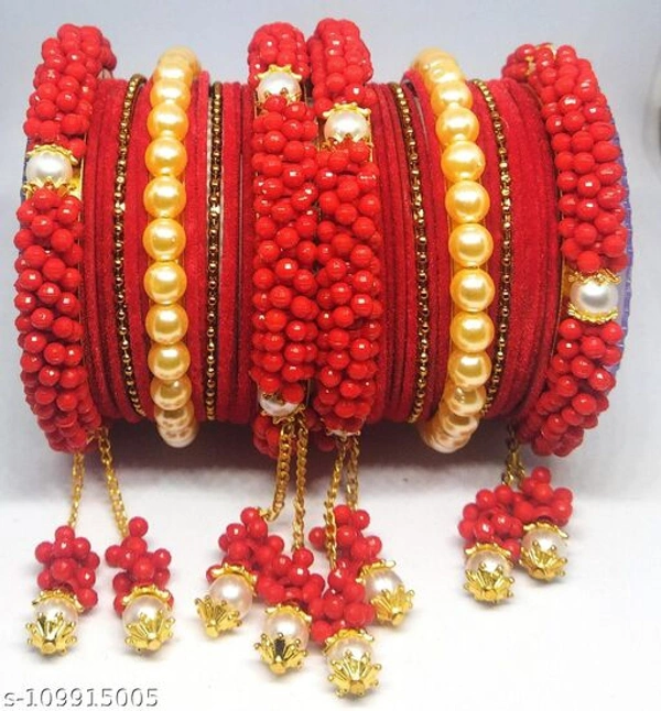 Bangles Set with Golden Moti - red , 2.8 