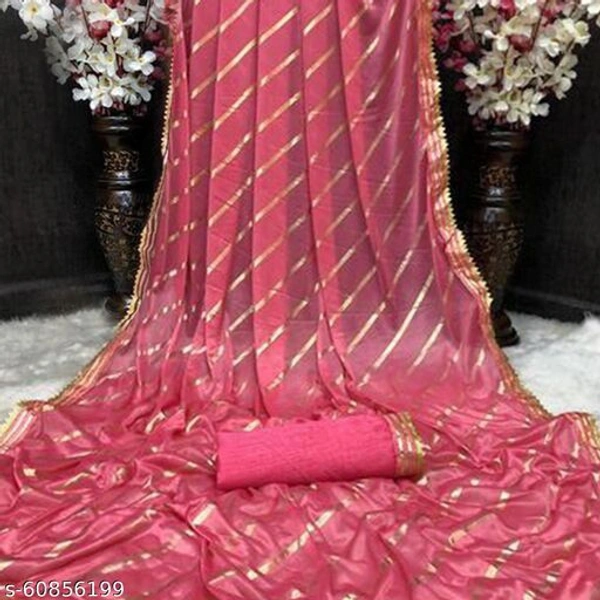 Women Malai Silk Sarees Striped Print Lycra Sari, Women's Lycra Saree With Blouse Piece, Party wear saree, Lycra Saree For Wedding. - Pink , Free Size