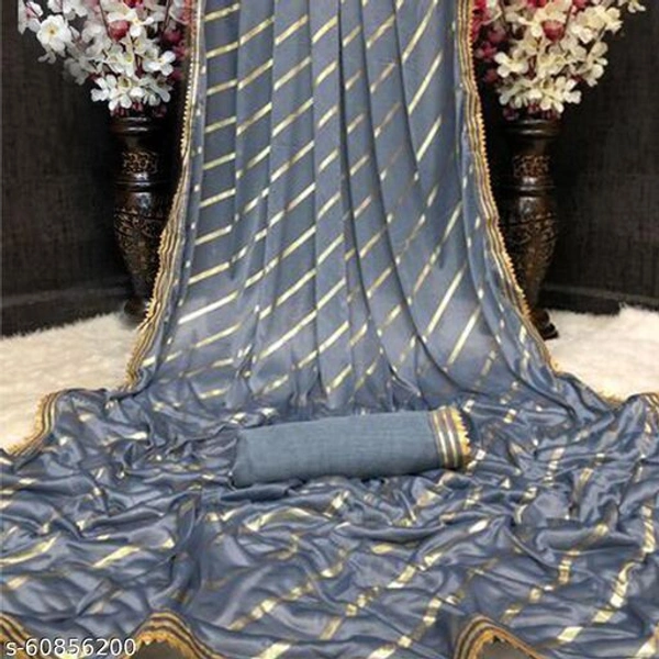Women Malai Silk Sarees Striped Print Lycra Sari, Women's Lycra Saree With Blouse Piece, Party wear saree, Lycra Saree For Wedding. - Grey , Free Size
