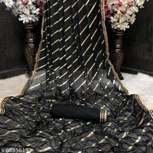 Women Malai Silk Sarees Striped Print Lycra Sari, Women's Lycra Saree With Blouse Piece, Party wear saree, Lycra Saree For Wedding. - Black , Free Size