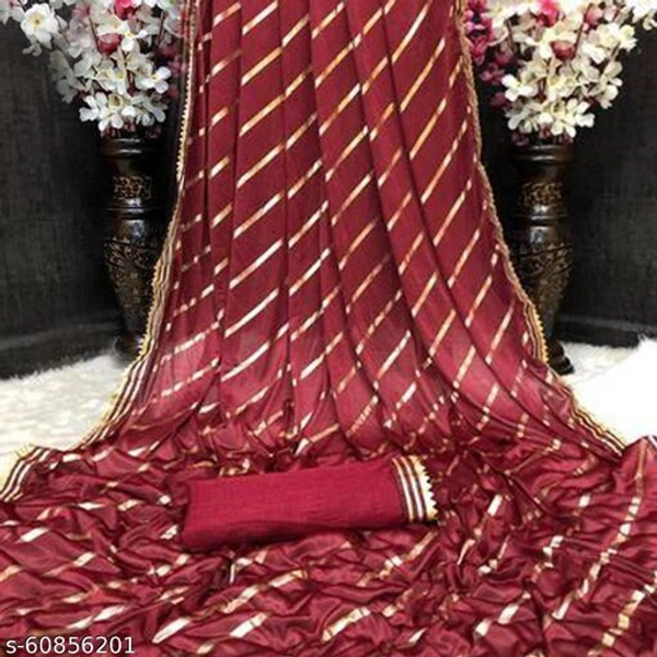 Women Malai Silk Sarees Striped Print Lycra Sari, Women's Lycra Saree With Blouse Piece, Party wear saree, Lycra Saree For Wedding. - red , Free Size