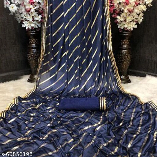 Women Malai Silk Sarees Striped Print Lycra Sari, Women's Lycra Saree With Blouse Piece, Party wear saree, Lycra Saree For Wedding. - blue , Free Size
