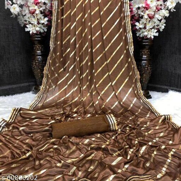 Women Malai Silk Sarees Striped Print Lycra Sari, Women's Lycra Saree With Blouse Piece, Party wear saree, Lycra Saree For Wedding. - Brown , Free Size