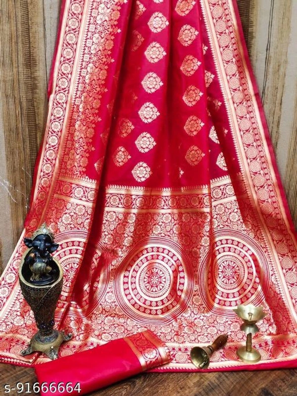 Pure Bright Beigh Colour Gold Toned Beautiful Trendy Banarasi Silk Woven Designer Saree - Red , Free Size