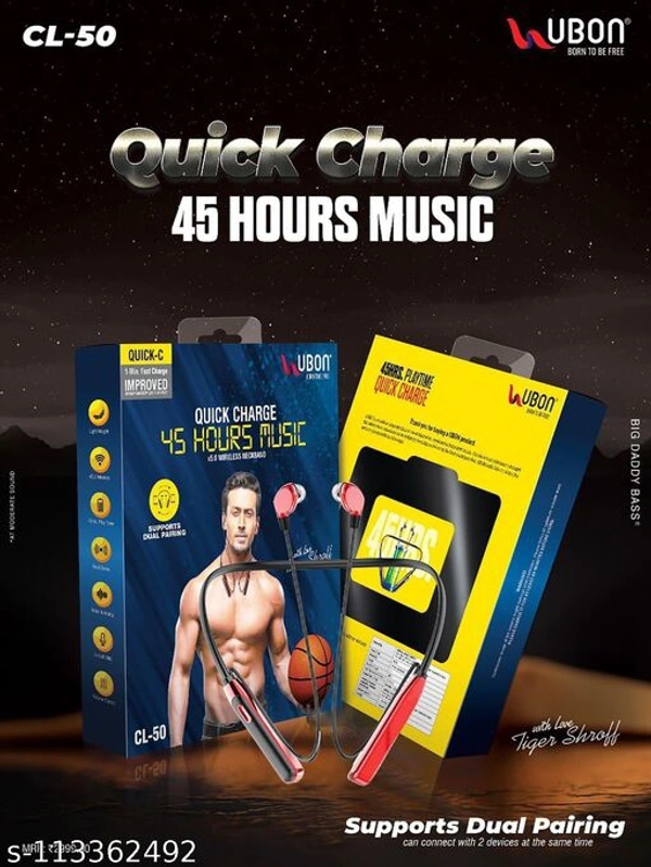 Ubon CL-50 Wireless Neckband 45H Playtime V5.0 Bluetooth Headset - Free Size