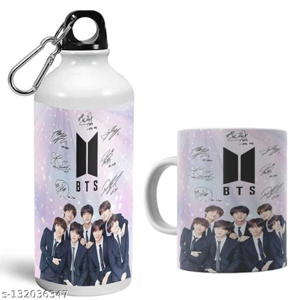 Khushi Designers BTS Bangtan Boys Vogue Printed Aluminium Sports Sipper BTS Signature Army Best Gift for BTS Lovers Water Bottle and Black Coffee Mug(1 Sipper Bottle 600Ml & 1Mug 350ml)Combo - Free Size