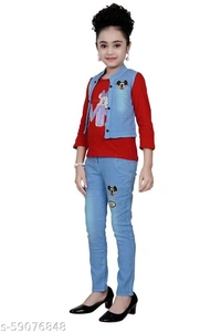 FASHIDO Fashion Kids Girls Top, Blue Jacket and Blue Full Jeans Pant Set - Red, 4-5 Years 