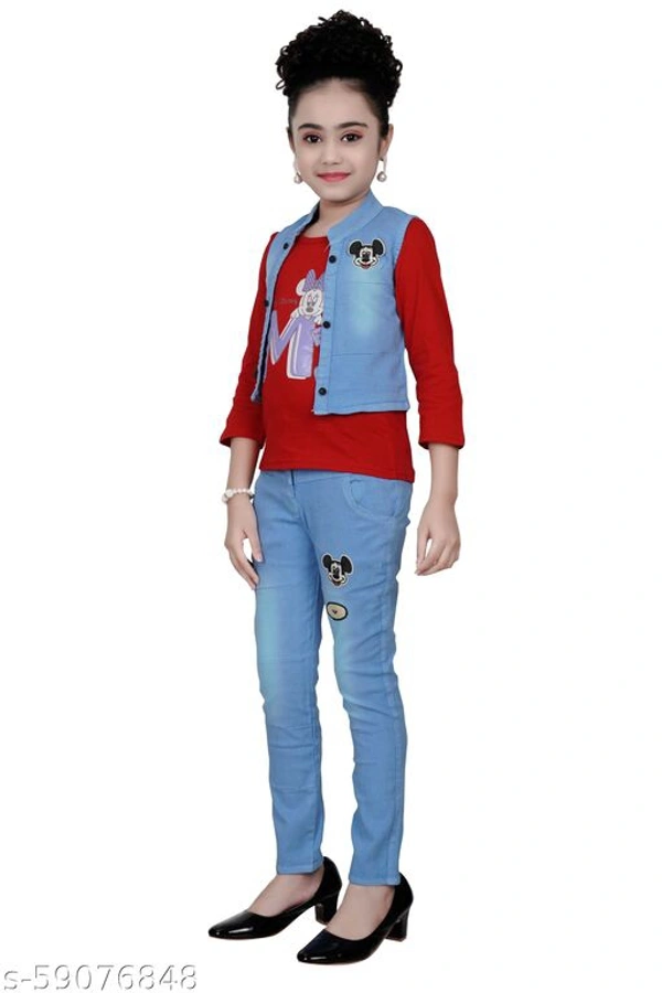 FASHIDO Fashion Kids Girls Top, Blue Jacket and Blue Full Jeans Pant Set - Red, 4-5 Years 