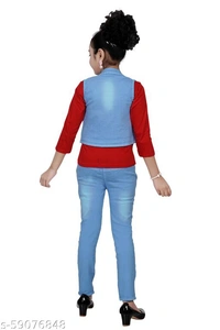 FASHIDO Fashion Kids Girls Top, Blue Jacket and Blue Full Jeans Pant Set - Red, 4-5 Years 