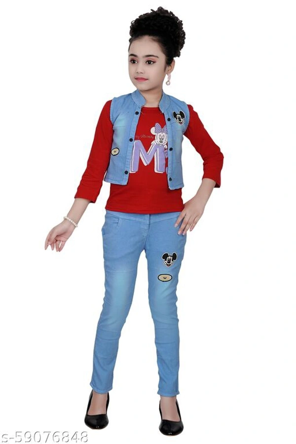 FASHIDO Fashion Kids Girls Top, Blue Jacket and Blue Full Jeans Pant Set - Red, 7-8 Years 