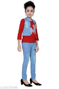 FASHIDO Fashion Kids Girls Top, Blue Jacket and Blue Full Jeans Pant Set - Red, 7-8 Years 