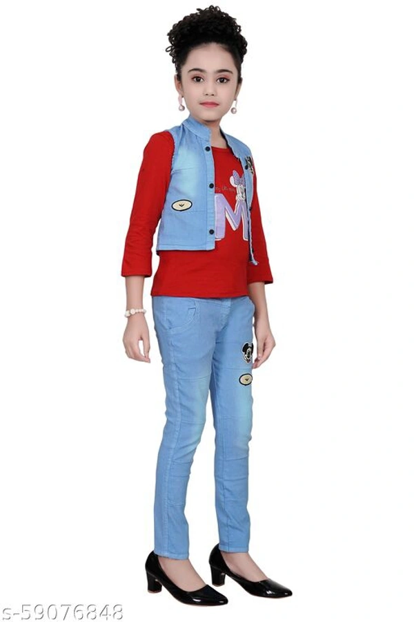 FASHIDO Fashion Kids Girls Top, Blue Jacket and Blue Full Jeans Pant Set - Red, 7-8 Years 
