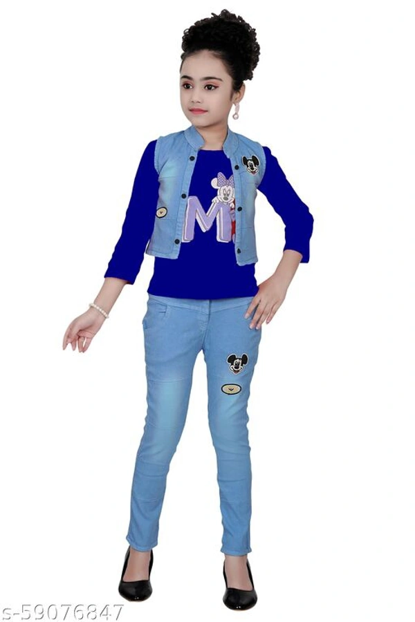 FASHIDO Fashion Kids Girls Top, Blue Jacket and Blue Full Jeans Pant Set - Blue, 3-4 Years 