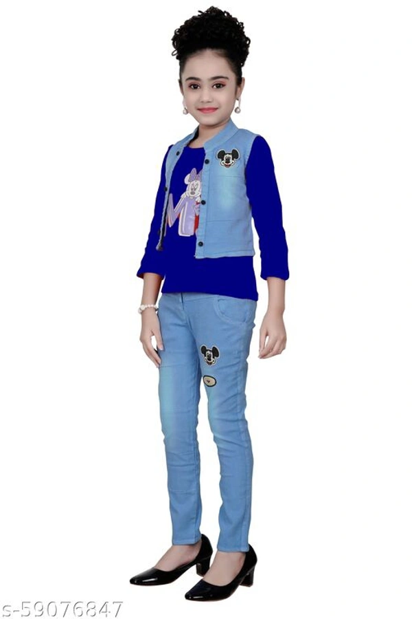 FASHIDO Fashion Kids Girls Top, Blue Jacket and Blue Full Jeans Pant Set - Blue, 3-4 Years 