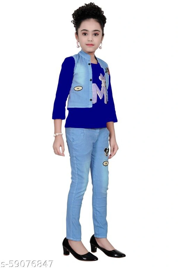 FASHIDO Fashion Kids Girls Top, Blue Jacket and Blue Full Jeans Pant Set - Blue, 3-4 Years 