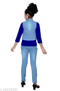 FASHIDO Fashion Kids Girls Top, Blue Jacket and Blue Full Jeans Pant Set - Blue, 3-4 Years 