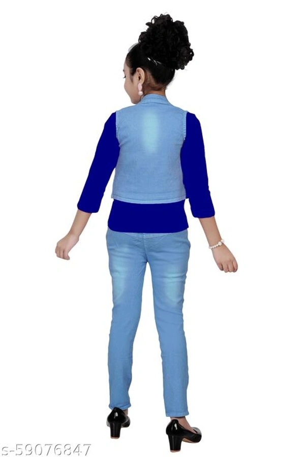 FASHIDO Fashion Kids Girls Top, Blue Jacket and Blue Full Jeans Pant Set - Blue, 7-8 Years 