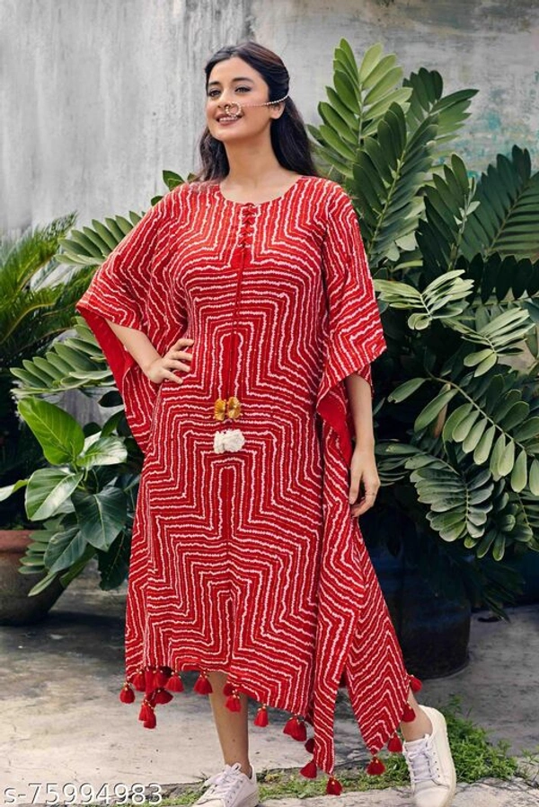 Women Red Printed Kaftan With Pom Pom - Red , S