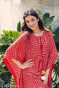 Women Red Printed Kaftan With Pom Pom - Red , XL 