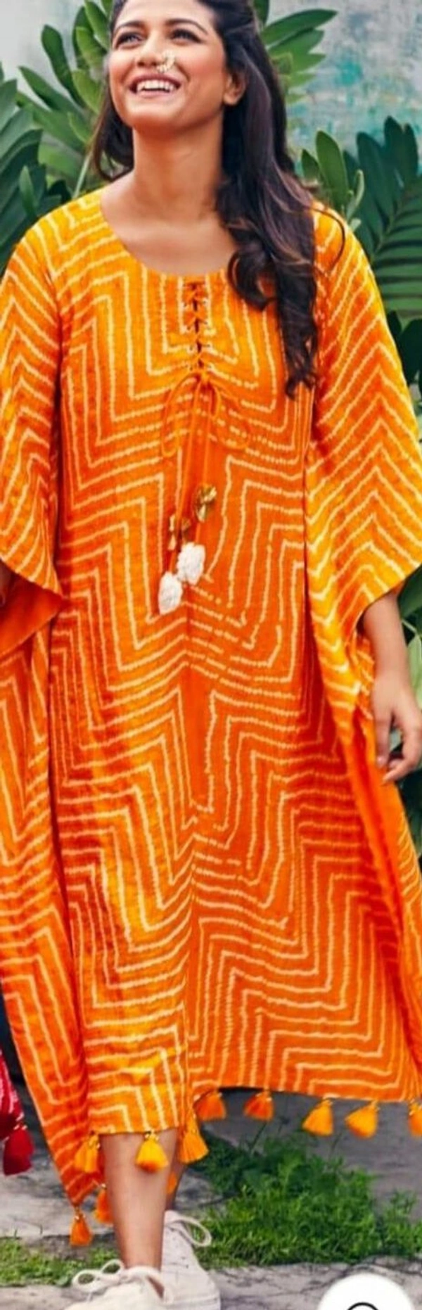 Women Red Printed Kaftan With Pom Pom - Yellow, 4XL 