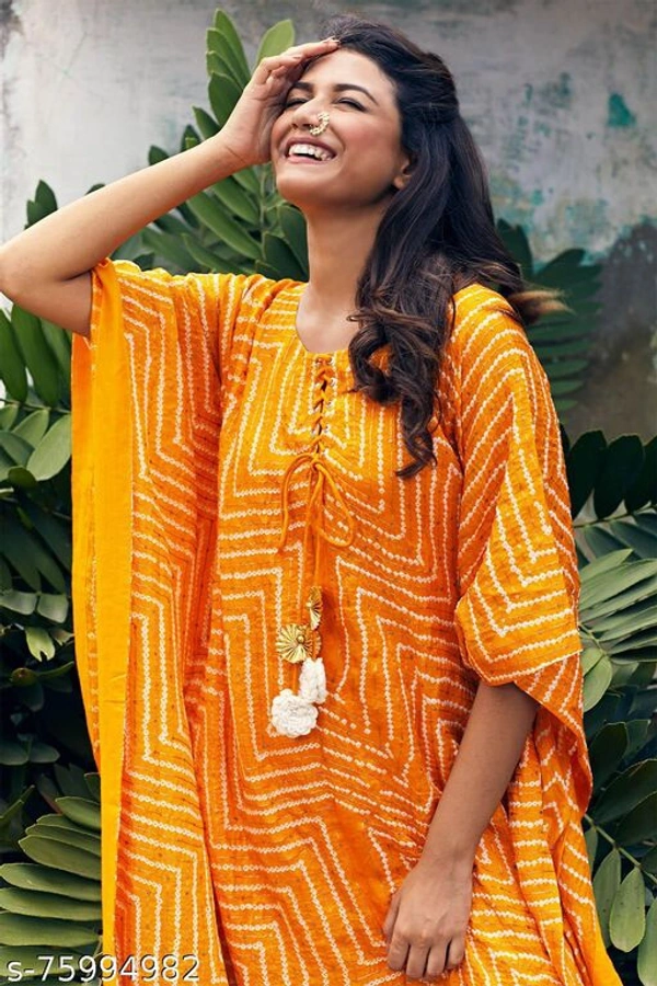 Women Red Printed Kaftan With Pom Pom - Yellow, 5XL 