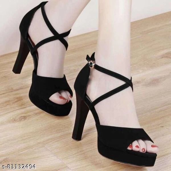 Women Black Color Ankle Strap Heels - Black, IND-5 
