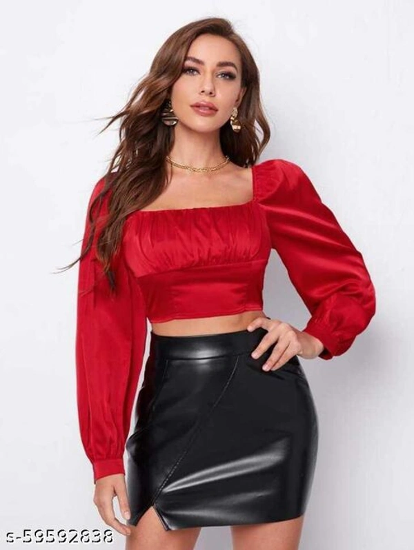 Kulfi Ruched Bust Lantern Sleeve Red Top  - Red, XL 