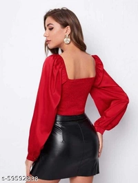 Kulfi Ruched Bust Lantern Sleeve Red Top  - Red, XL 
