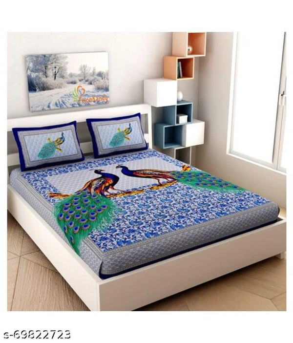 Double bed printed with peacock special cotton bedsheet - Sky Blue , Free Size