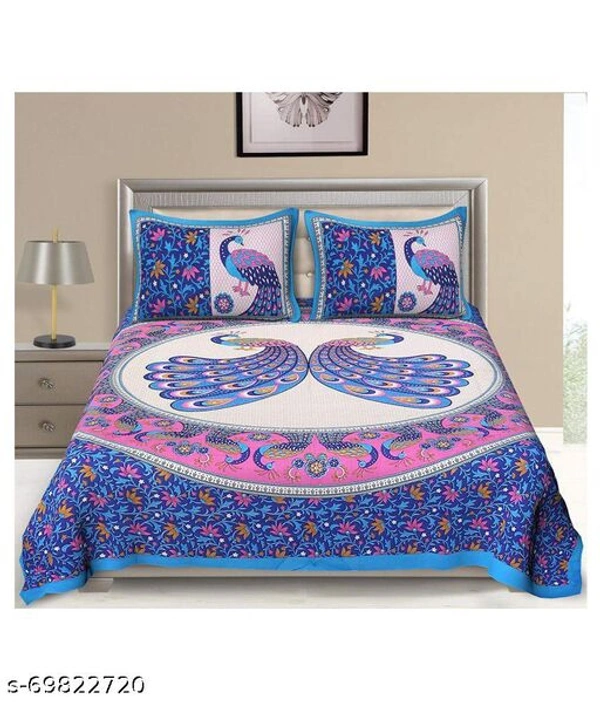 Double bed printed with peacock special cotton bedsheet - blue , Free Size