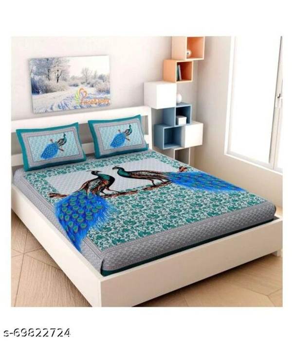 Double bed printed with peacock special cotton bedsheet - Sky-blue , Free Size