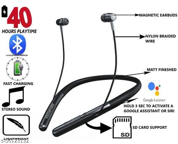 Techfire h-700 Pro 5.0 40 Hours HI BASS SOUND   non-stop battery backup Latest unique Premium Design light Weight High Quality Wireless Neckband with mic Bluetooth Headphones & Earphones - Black, Free Size