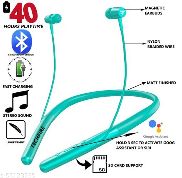 Techfire h-700 Pro 5.0 40 Hours HI BASS SOUND   non-stop battery backup Latest unique Premium Design light Weight High Quality Wireless Neckband with mic Bluetooth Headphones & Earphones - aqua, Free Size