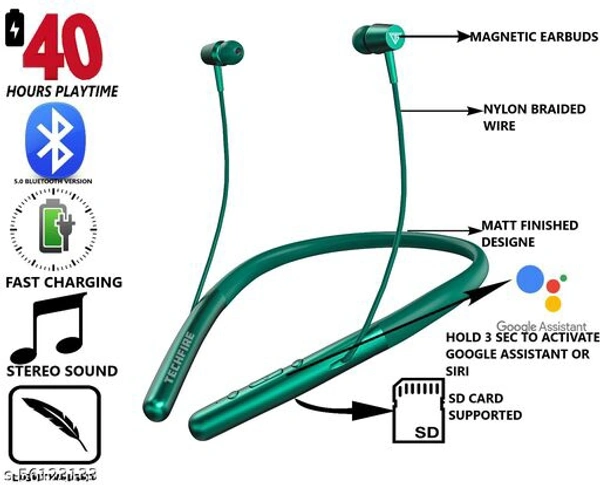 Techfire h-700 Pro 5.0 40 Hours HI BASS SOUND   non-stop battery backup Latest unique Premium Design light Weight High Quality Wireless Neckband with mic Bluetooth Headphones & Earphones - Green, Free Size