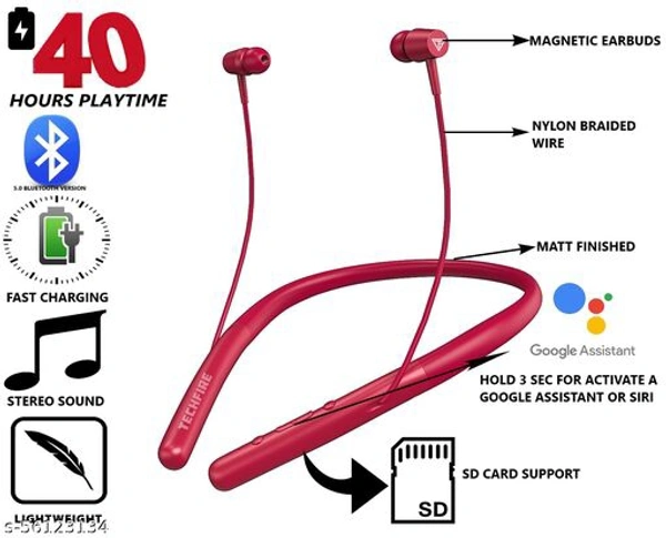Techfire h-700 Pro 5.0 40 Hours HI BASS SOUND   non-stop battery backup Latest unique Premium Design light Weight High Quality Wireless Neckband with mic Bluetooth Headphones & Earphones - red, Free Size
