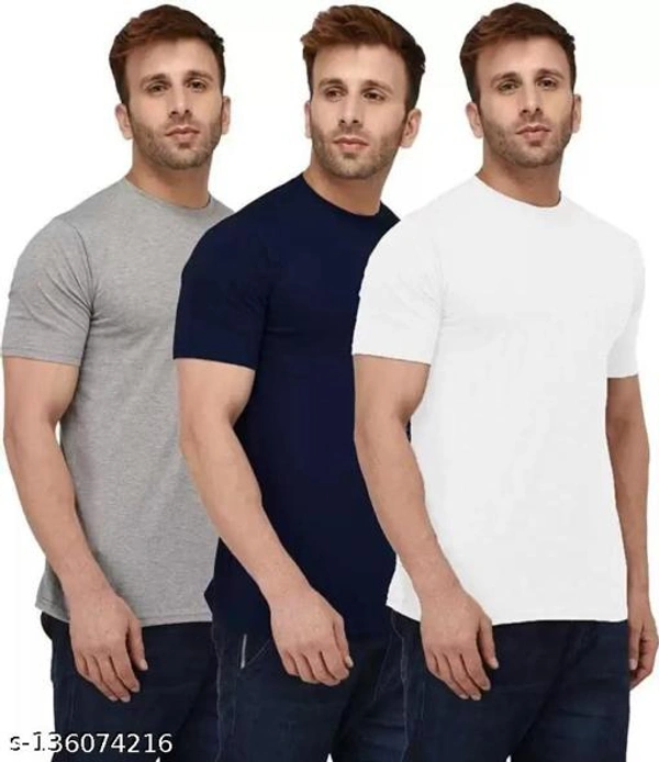 Pack of 3- Plain Mens Polycotton Tshirts-LGR-NB-WH1002 - Grey White Black , S