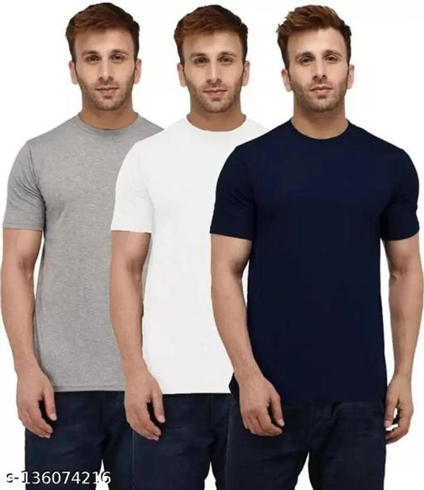 Pack of 3- Plain Mens Polycotton Tshirts-LGR-NB-WH1002 - Grey White Black, L 