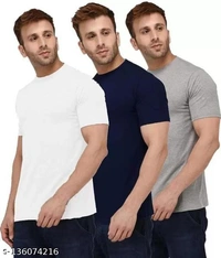 Pack of 3- Plain Mens Polycotton Tshirts-LGR-NB-WH1002 - Grey White Black, L 