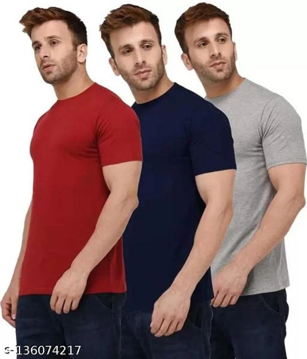 Pack of 3- Plain Mens Polycotton Tshirts-LGR-NB-WH1002 - Grey Red Blue, M 