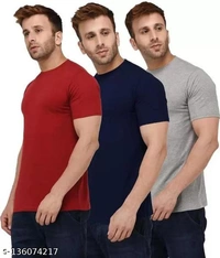 Pack of 3- Plain Mens Polycotton Tshirts-LGR-NB-WH1002 - Grey Red Blue, L 