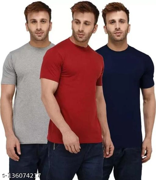 Pack of 3- Plain Mens Polycotton Tshirts-LGR-NB-WH1002 - Grey Red Blue, XL 