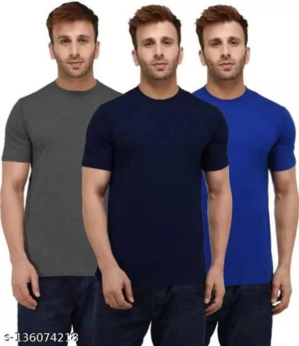 Pack of 3- Plain Mens Polycotton Tshirts-RD-GR-NB1002 - Grey Nevyblue Blue , S