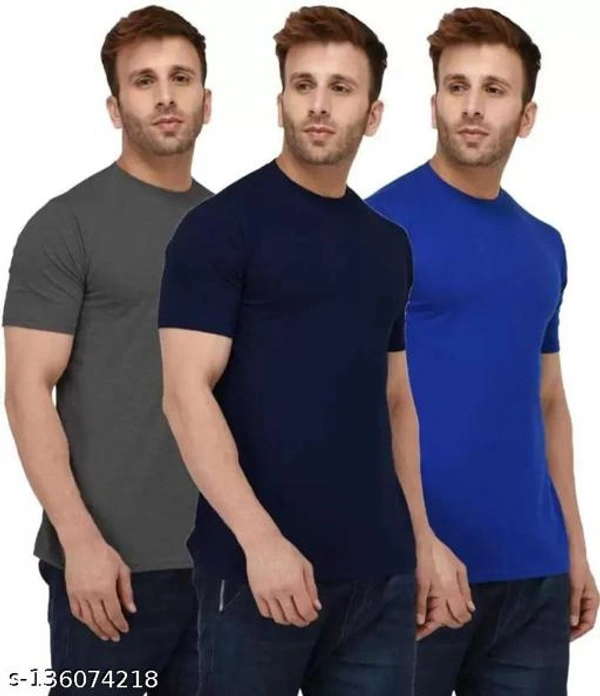 Pack of 3- Plain Mens Polycotton Tshirts-RD-GR-NB1002 - Grey Nevyblue Blue, XXL 