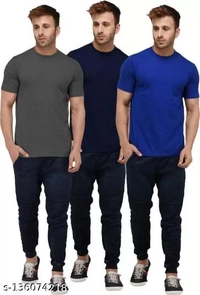 Pack of 3- Plain Mens Polycotton Tshirts-RD-GR-NB1002 - Grey Nevyblue Blue, 5XL 